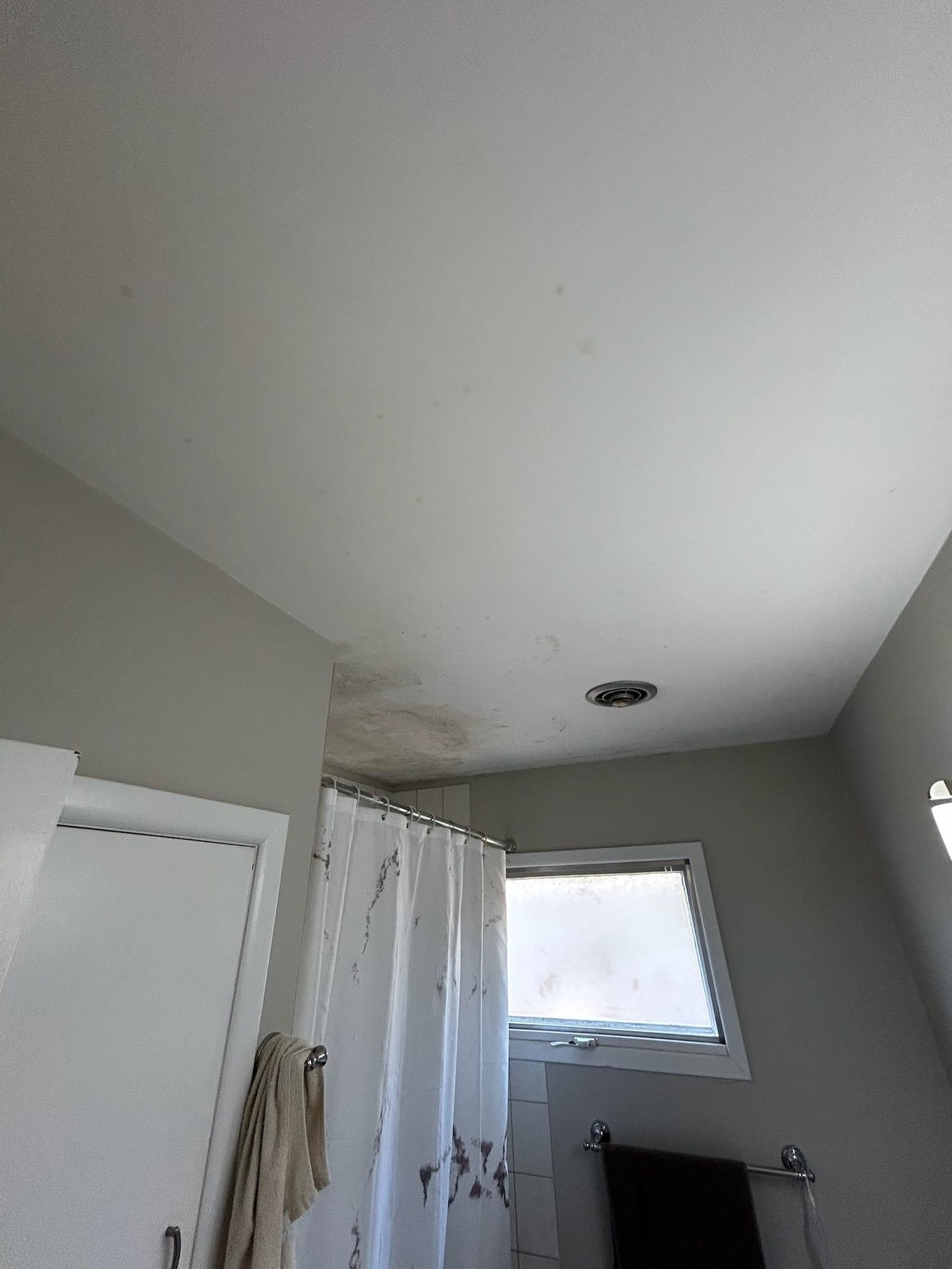 Bathroom ceiling with staining and marks before repainting